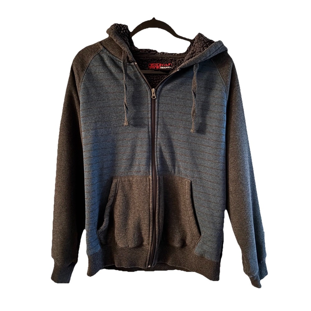 Distortion Y2K Young Men's Sherpa Lined Zip Hoodie Medium Blue/Gray Preowned